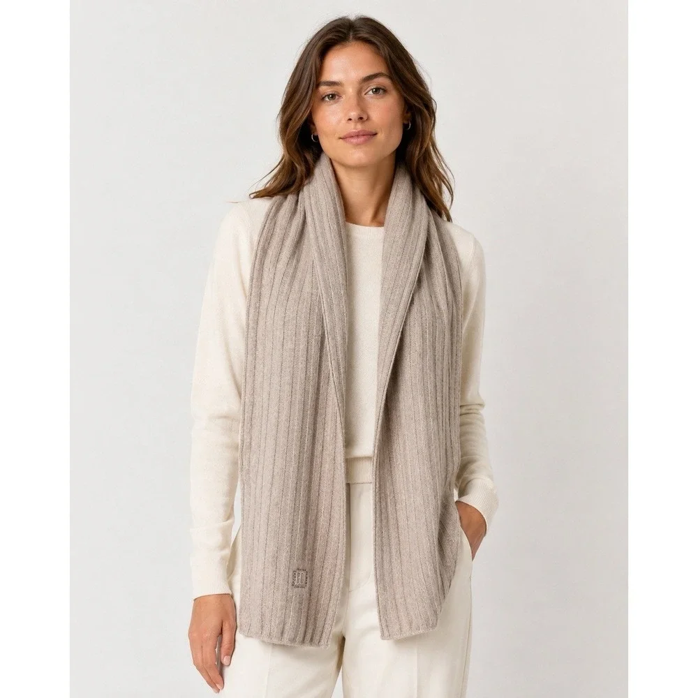 Ricerche Di Enrico Coveri Beige Ribbed Knit Soft Cozy Long Scarf Neutral Wool
